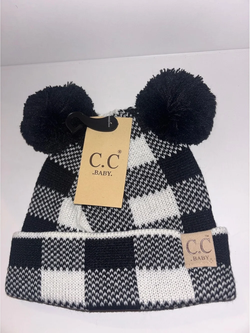 C.C Baby Buffalo Plaid Double Pom Beanie Black White NWT Infant Winter Hat